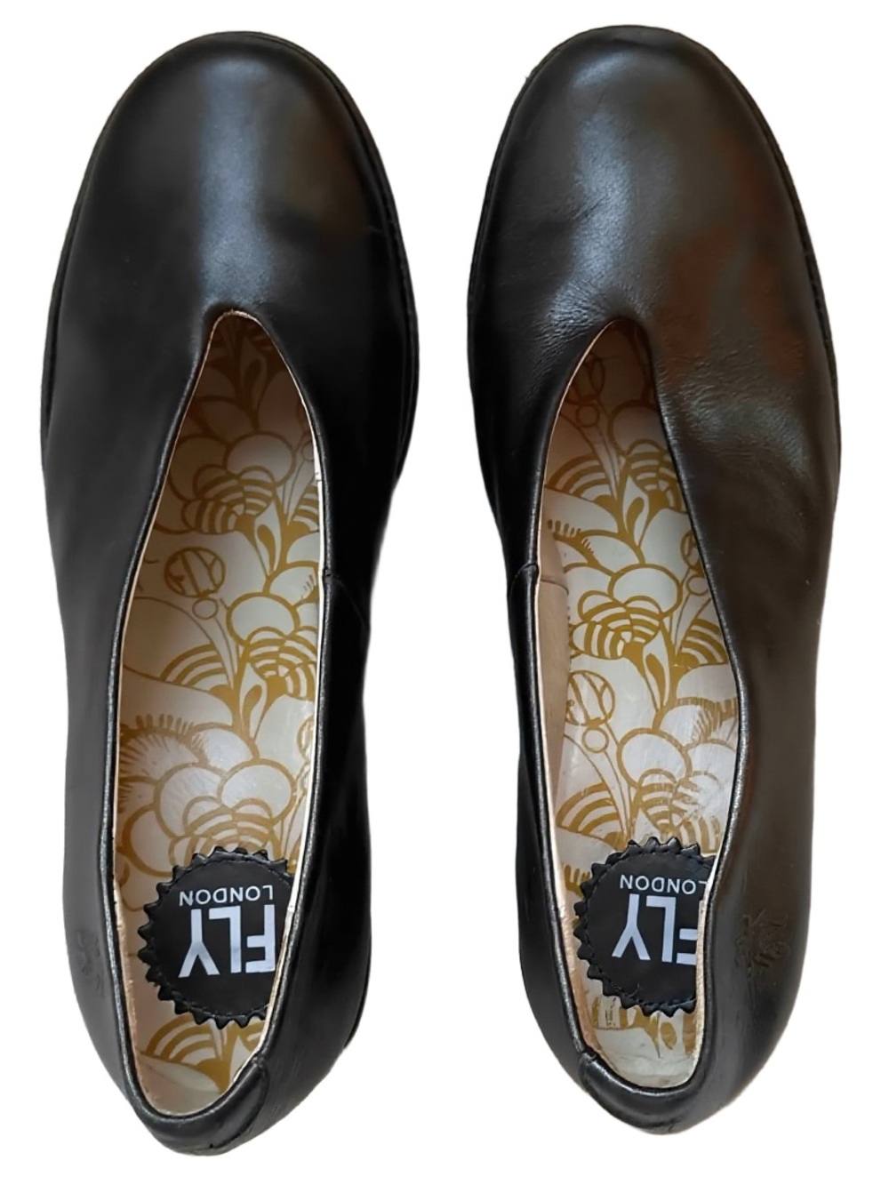 Fly London Black Leather Slip-On wedges